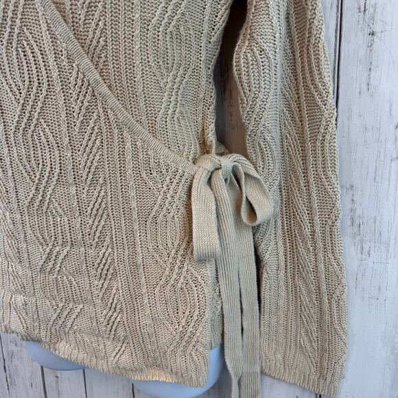 VTG Emanuel Ungaro Cream Linen Chunky Cable Knit V-Neck Wrap Sweater Size Large - Picture 2 of 16